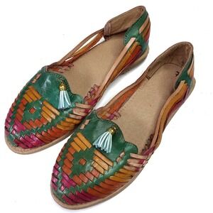 Handmade Huarache Sandals Women's 7 Green Rainbow Leather Woven‎ Slip On